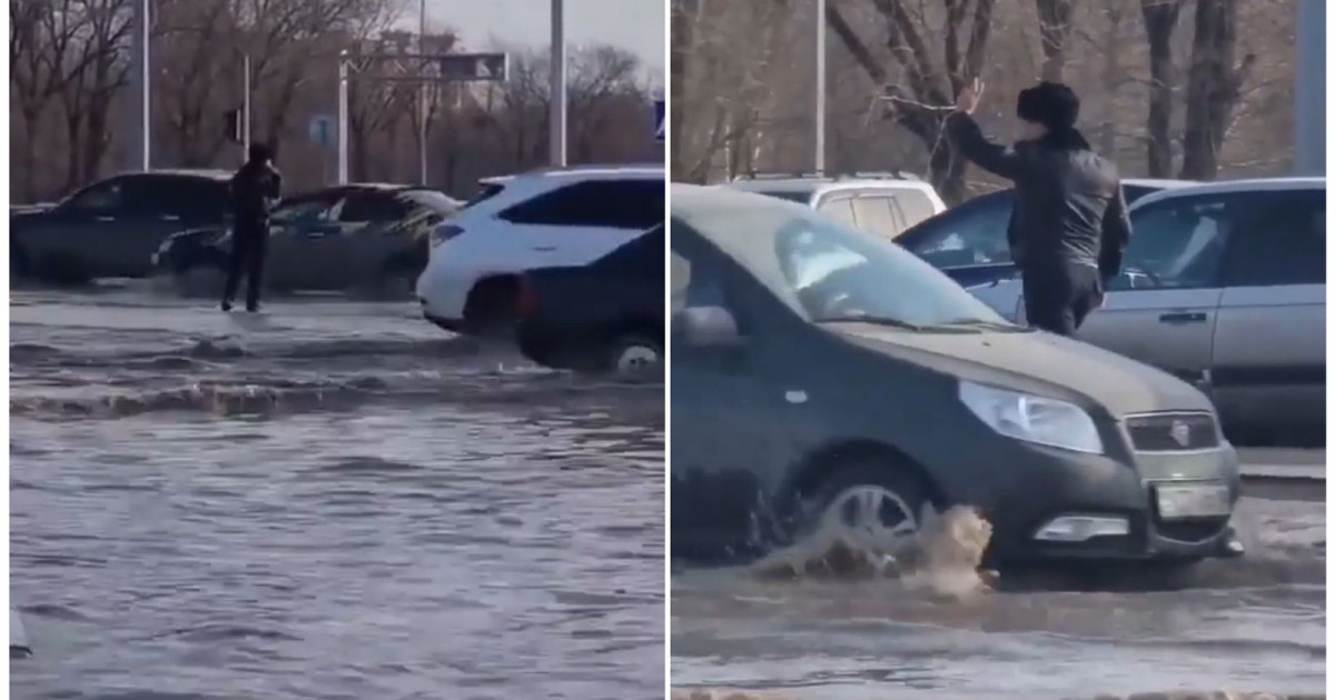 Қарағандылық полицей көлкіген суда көлік қозғалысын резеңке етіксіз реттеді (ВИДЕО)