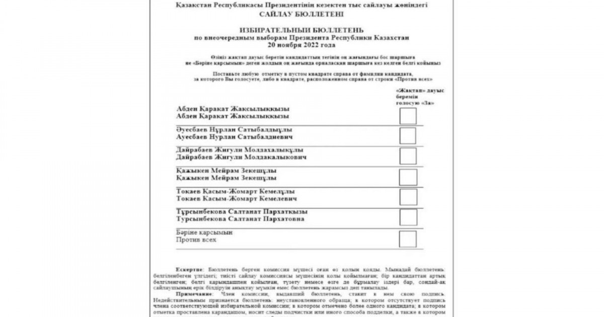 Президент сайлауы: бюллетенде кандидаттардың аты әліпби ретімен жазылған