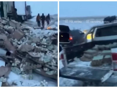 Маңғыстауда йогурт тиелген жүк көлігі аударылып қалды (ВИДЕО)