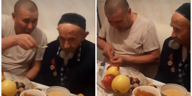 Атасына алма берген жігіт желідегілерді жылатты (ВИДЕО)