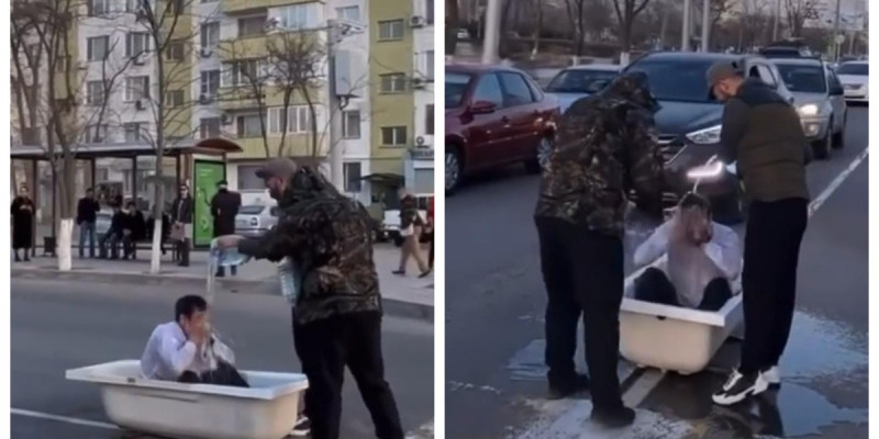 Ақтаулық жігіт жолдың ортасында шомылды (ВИДЕО)