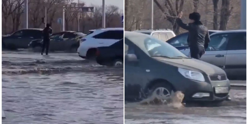 Қарағандылық полицей көлкіген суда көлік қозғалысын резеңке етіксіз реттеді (ВИДЕО)