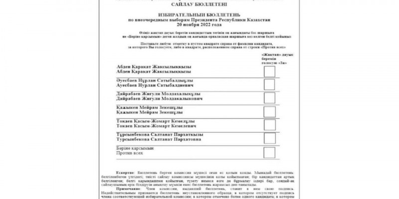 Президент сайлауы: бюллетенде кандидаттардың аты әліпби ретімен жазылған