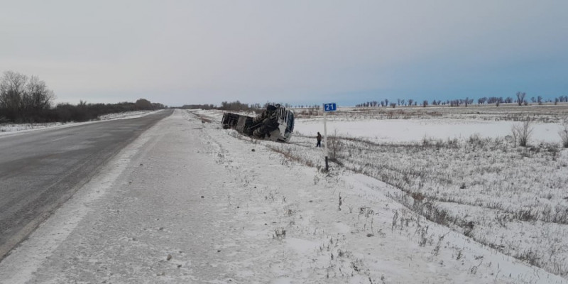 20 тонна жұмыртқа тиелген жүк көлігі тасжолда аударылып қалды