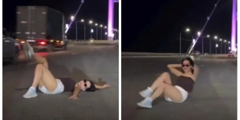 Семейде көпір үстінде жолға жатып фотоға түскен әйелге айыппұл салынды